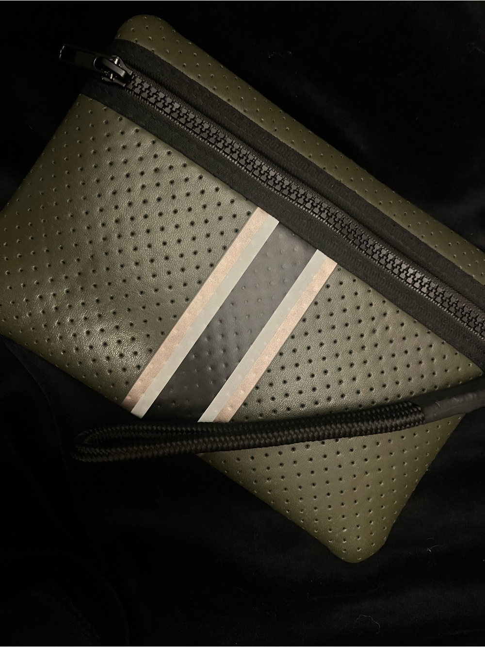 Haute Shore neoprene Olive Green Perforated wristlet Pouch with Accent Stripes